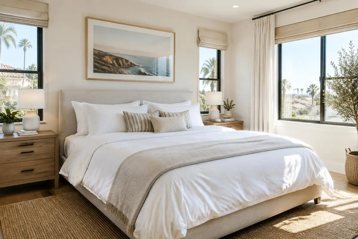 Freshly made bed in a bright bedroom with dusted nightstands
