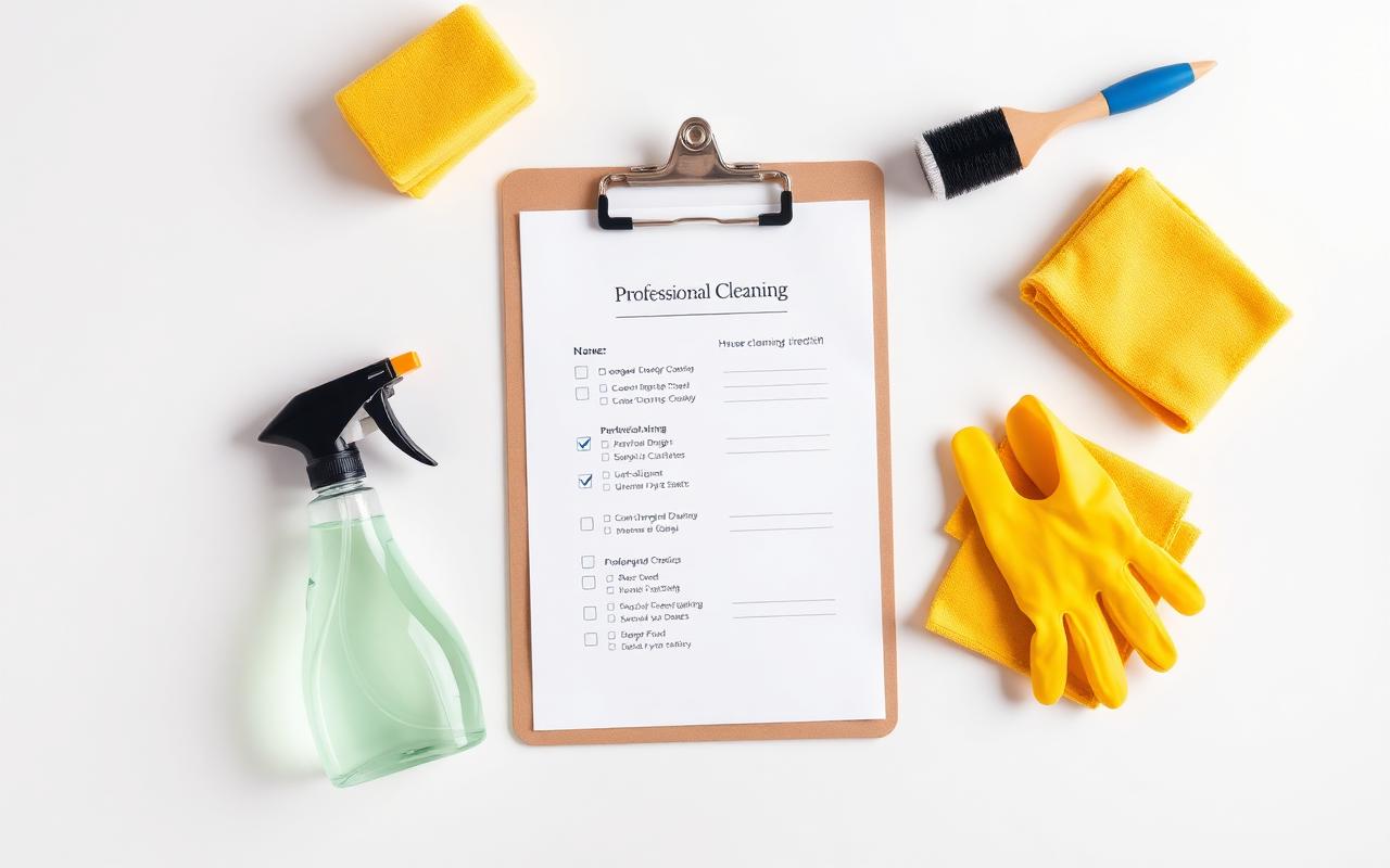 Professional house cleaning checklist on a clipboard with cleaning supplies