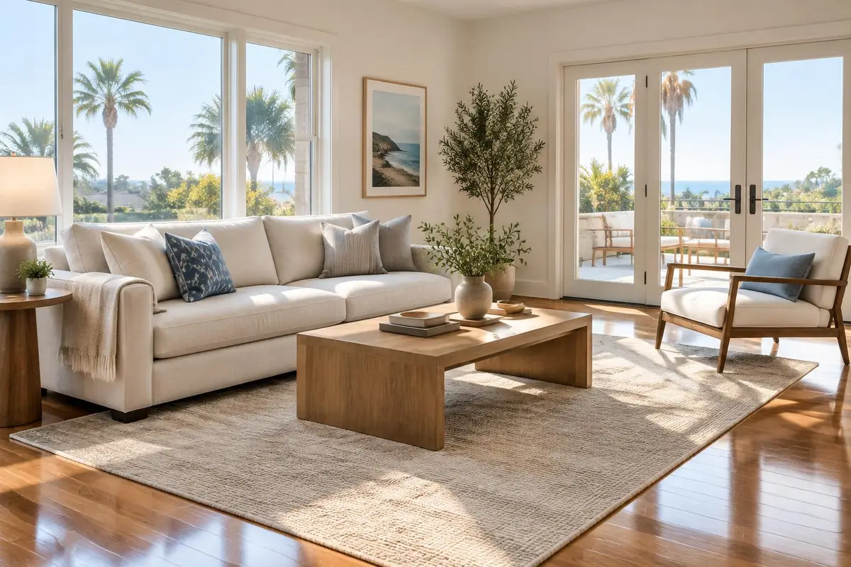 Tidy living room with dusted furniture