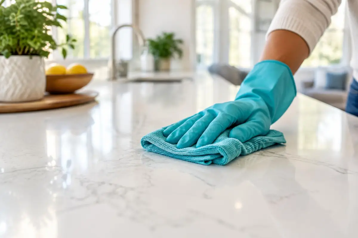 Gloved hand wiping a quartz countertop with a microfiber cloth